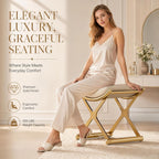 Makeup Vanity Stool Chair - Small Backless Leather Ottoman Bench Gold | With Cushioned Seat and Metal X-Frame for Vanity Desk, Bathroom, Bedroom and Dressing Room