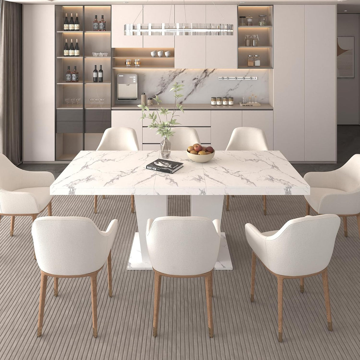 78.74'' Extendable Rectangular Dining Table for 4-8, Modern Mid-Century Wood Expandable Kitchen Dinner Conference Table for Living Room Office, 2 Widen Pedestal Base, White Faux Marble