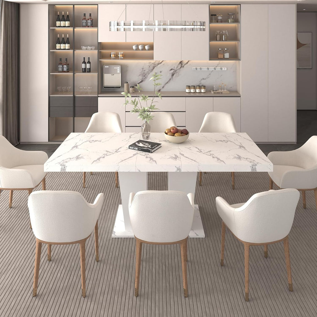 78.74" Extendable Dining Room Table for 6-10 Modern Faux Marble Wooden Expandable Kitchen Table Pedestal Base,Large Rectangle Dining Table,White