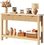 HUAHUU 47.2" Fluted Console Table with 3 Drawers, Long Sofa Table with Storage Behind Couch, Modern Entryway Table with Power Outlet & Open Storage for Entrance/Hallway/Foyer/Living Room, Oak