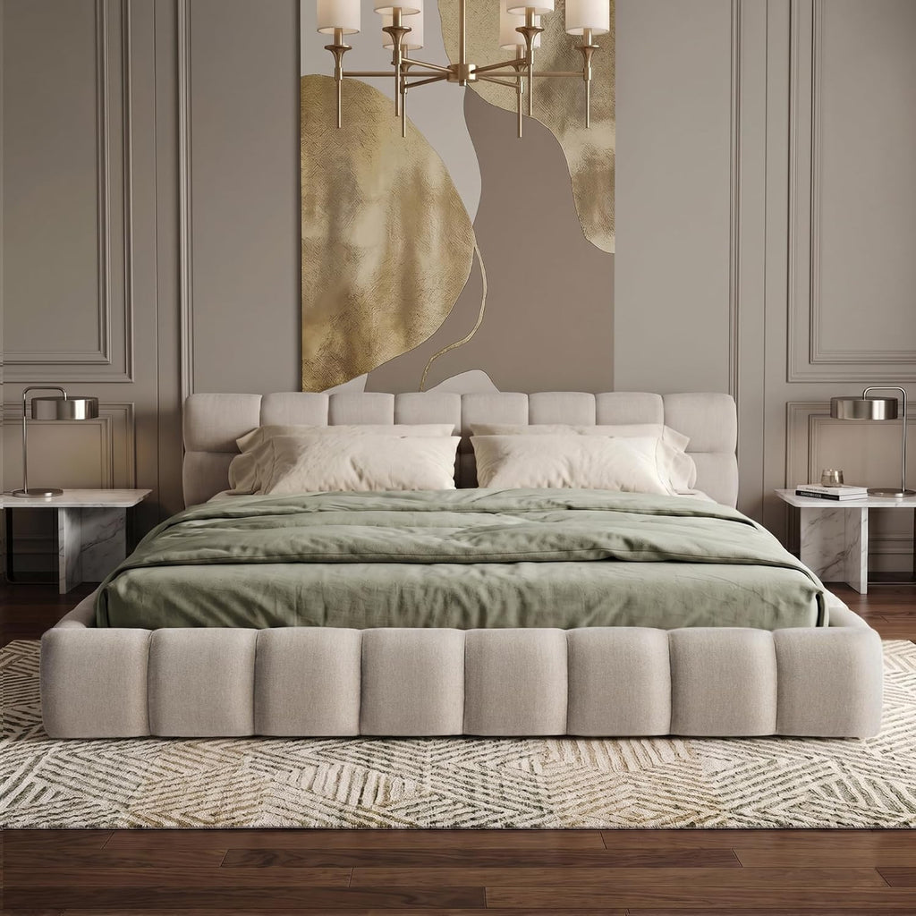 Chenille Fabric Upholstered Platform Bed Frame with Soft Headboard, Modern Low Profile Grounded Design, No Box Spring Needed, Sturdy MDF & Wood Frame, Neutral Style, Beige, Queen