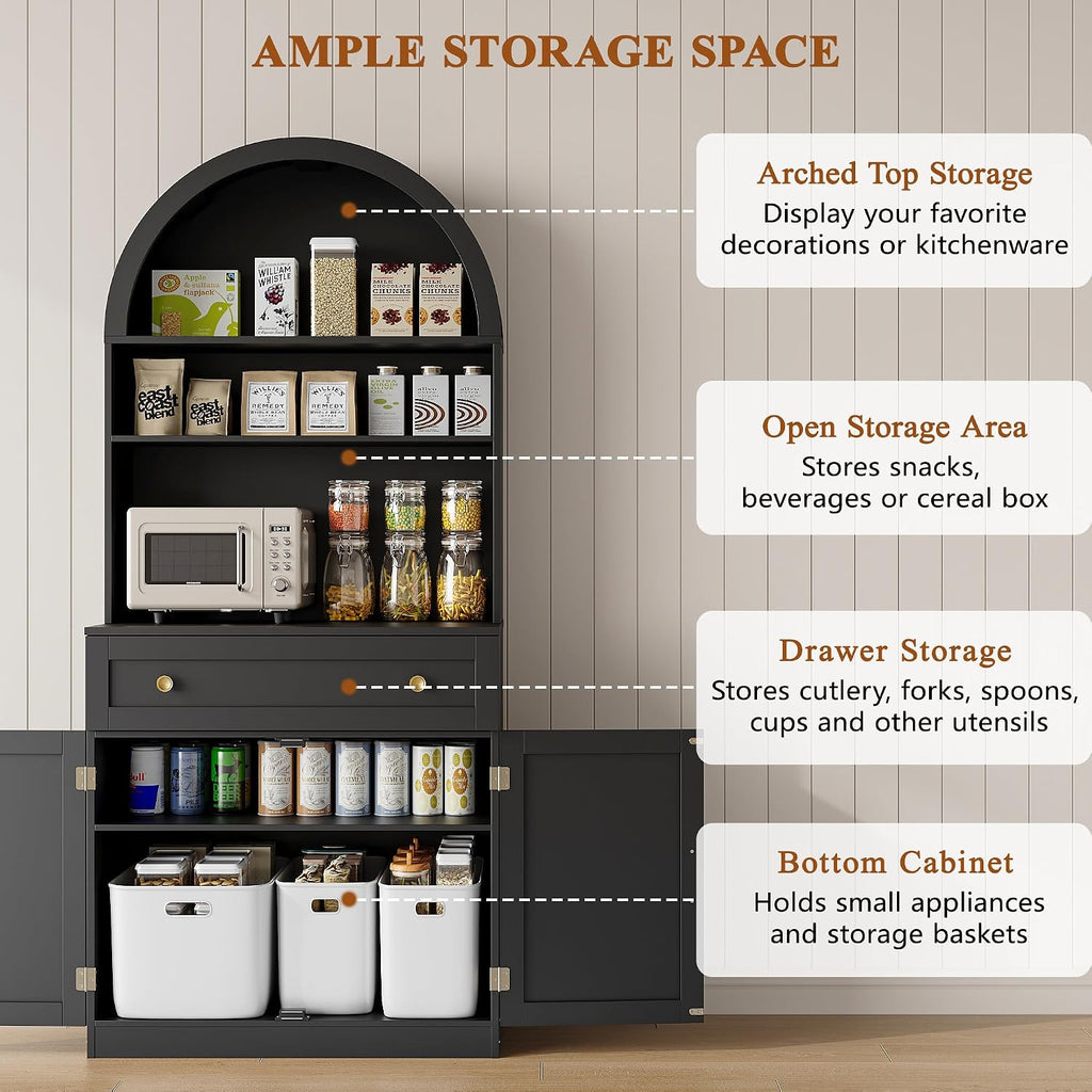 71" Tall Arched Kitchen Pantry Cabinet, Modern Kitchen Storage Cabinets with Hidden Drawer and Spacious Countertop, Wooden Storage Pantry Cabinet for Living Room, Dining Room, Black