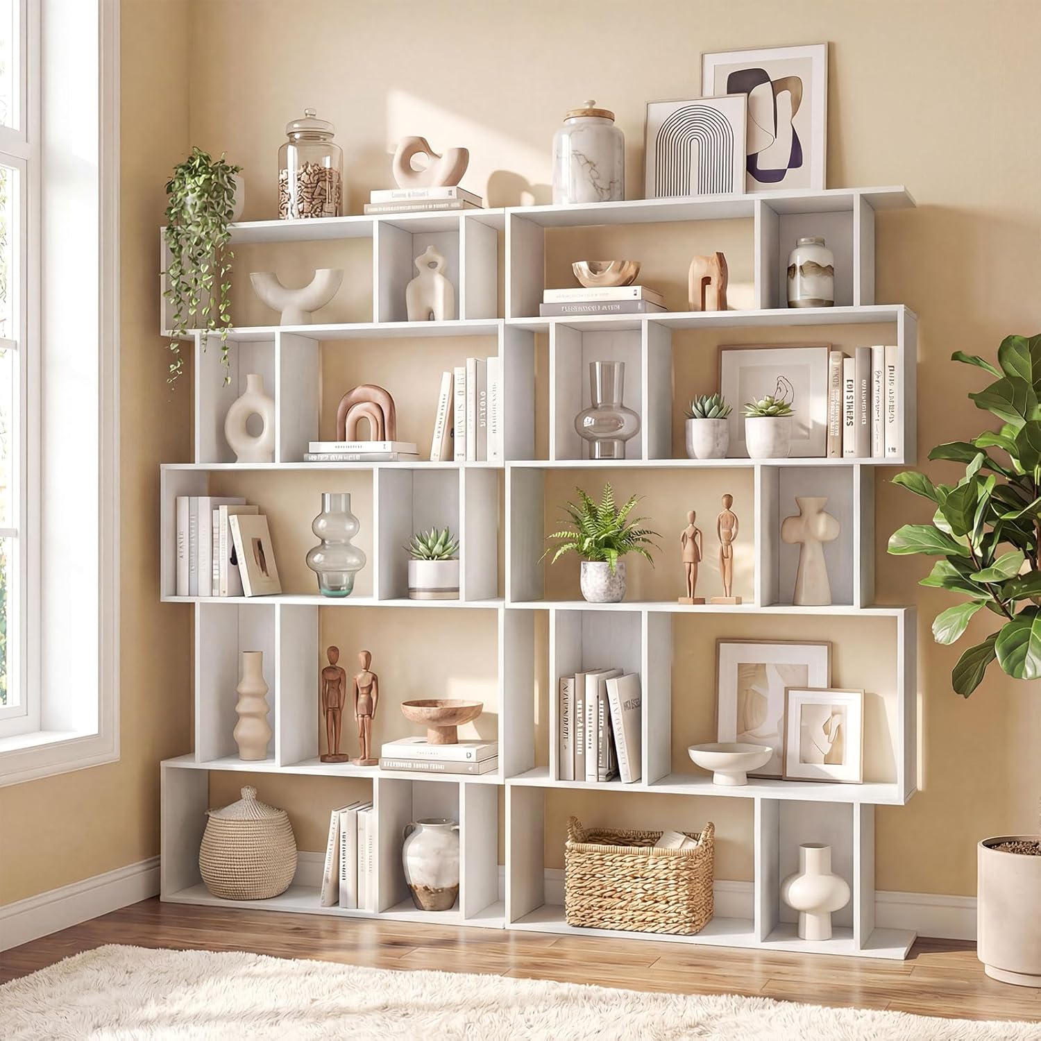 Giantex 5-Tier Bookshelf, 10-Cube White Geometric Bookcase with 5 Closed-Back Cubbies, Anti-toppling Kits, Open Display Storage Shelf for Living Room, Home Office, Bedroom