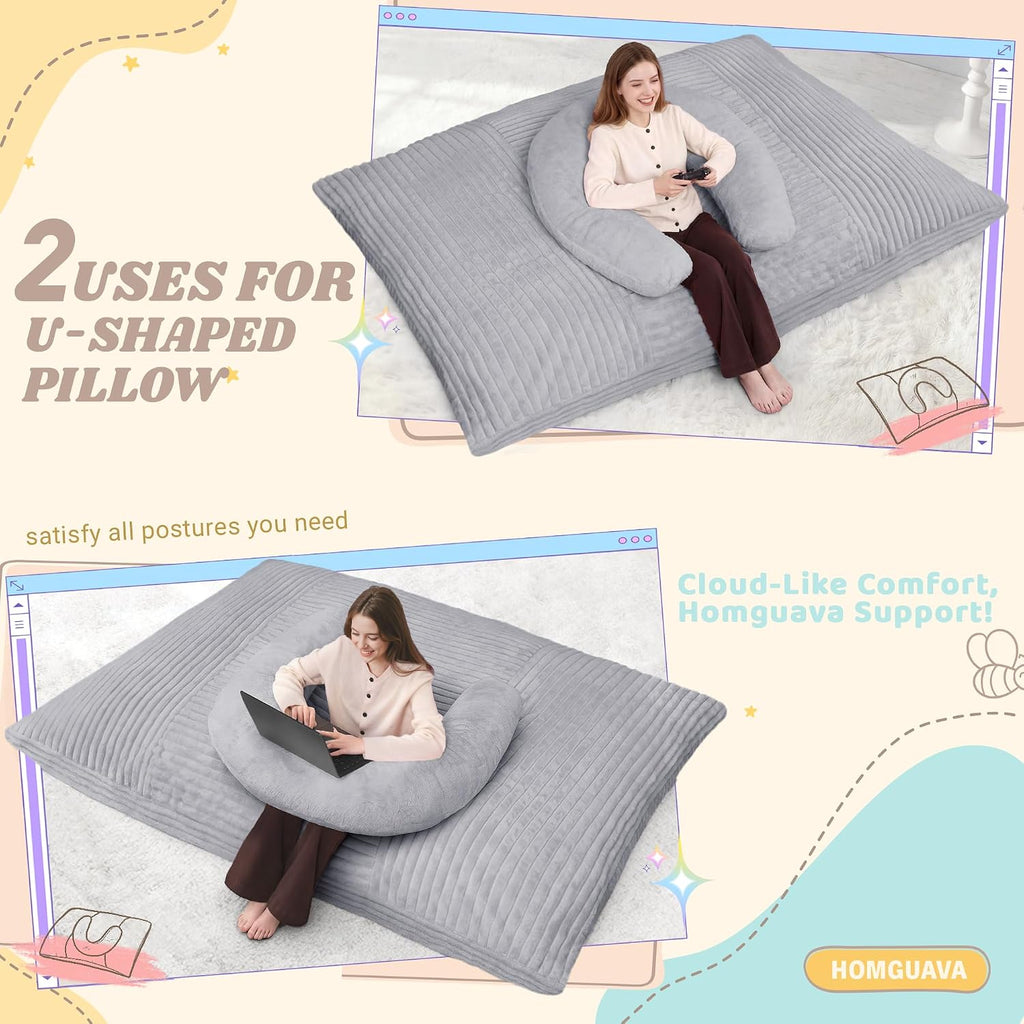 Homguava Giant Bean Bag Chair for Adults with Pillow, 4 in 1 Convertible Floor Cushion for Adluts, Memory Foamed Bean Bag Lounger with Washable Cover for Living Room, Bedroom