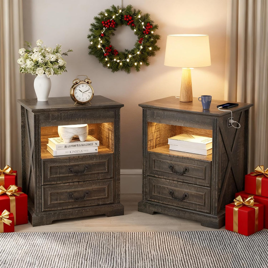 Nightstand Set 2 with Gun Drawer, Farmhouse Night Stand with LED Lights and Human Sensor, Bedside Table with Open Shelf, End Table with Storage Drawers for Bedroom, Rustic Borwn