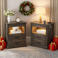 Nightstand Set 2 with Gun Drawer, Farmhouse Night Stand with LED Lights and Human Sensor, Bedside Table with Open Shelf, End Table with Storage Drawers for Bedroom, Rustic Borwn
