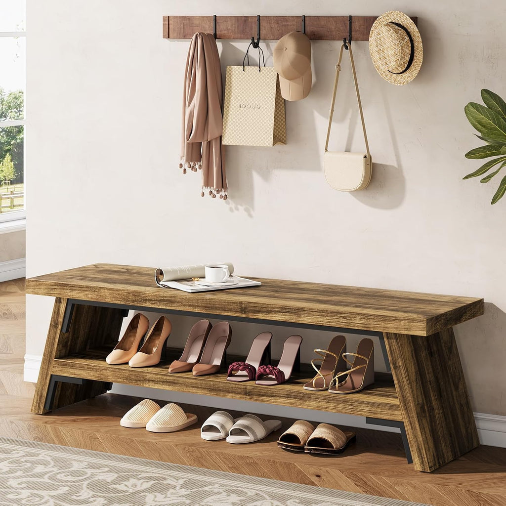 47 inch Entryway Bench, Wood Entry Bench for Shoe Storage, 2-Tier Modern Farmhouse Long Shoe Bench for Hallway, Front Door, Bedroom, Living Room, Closet, Mudroom, Rustic Brown