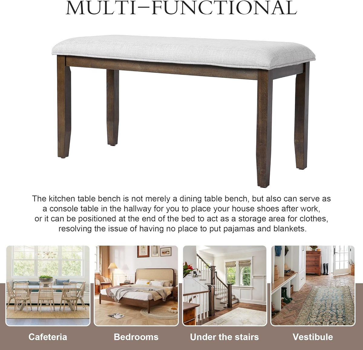 38-inch Small Upholstered Dining Bench, Vintage Wooden Bench Indoor, Entry Way Bench with Cushion, Farmhouse Rectangular Ottoman for Kitchen Bedroom End of Bed and Hallway (Beige+Brown)