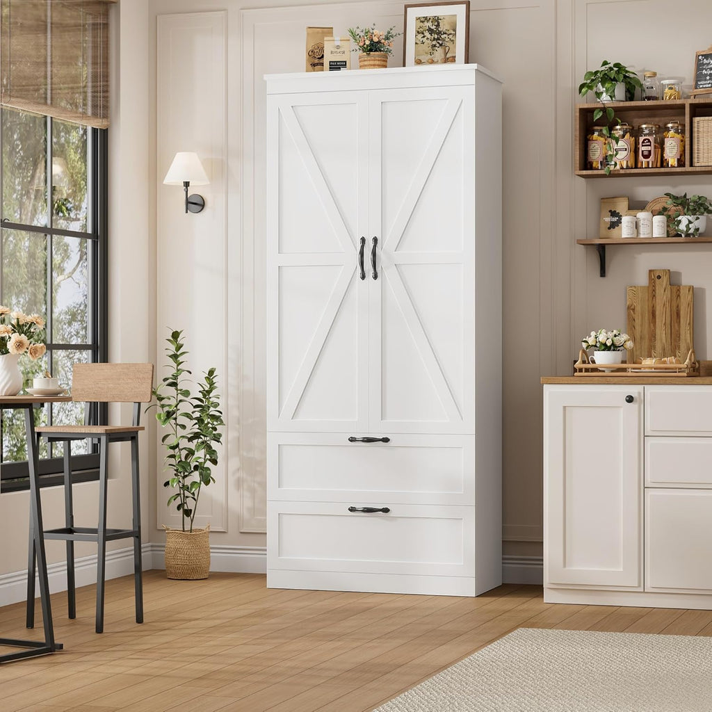 HOSTACK 70" Kitchen Pantry Storage Cabinet, Farmhouse Pantry Cabinet, White | Large Food Kitchen Pantry with 2 Wide Drawers & Adjustable Shelf, Tall Snack Cabinet with Doors, Dining Room, Living Room