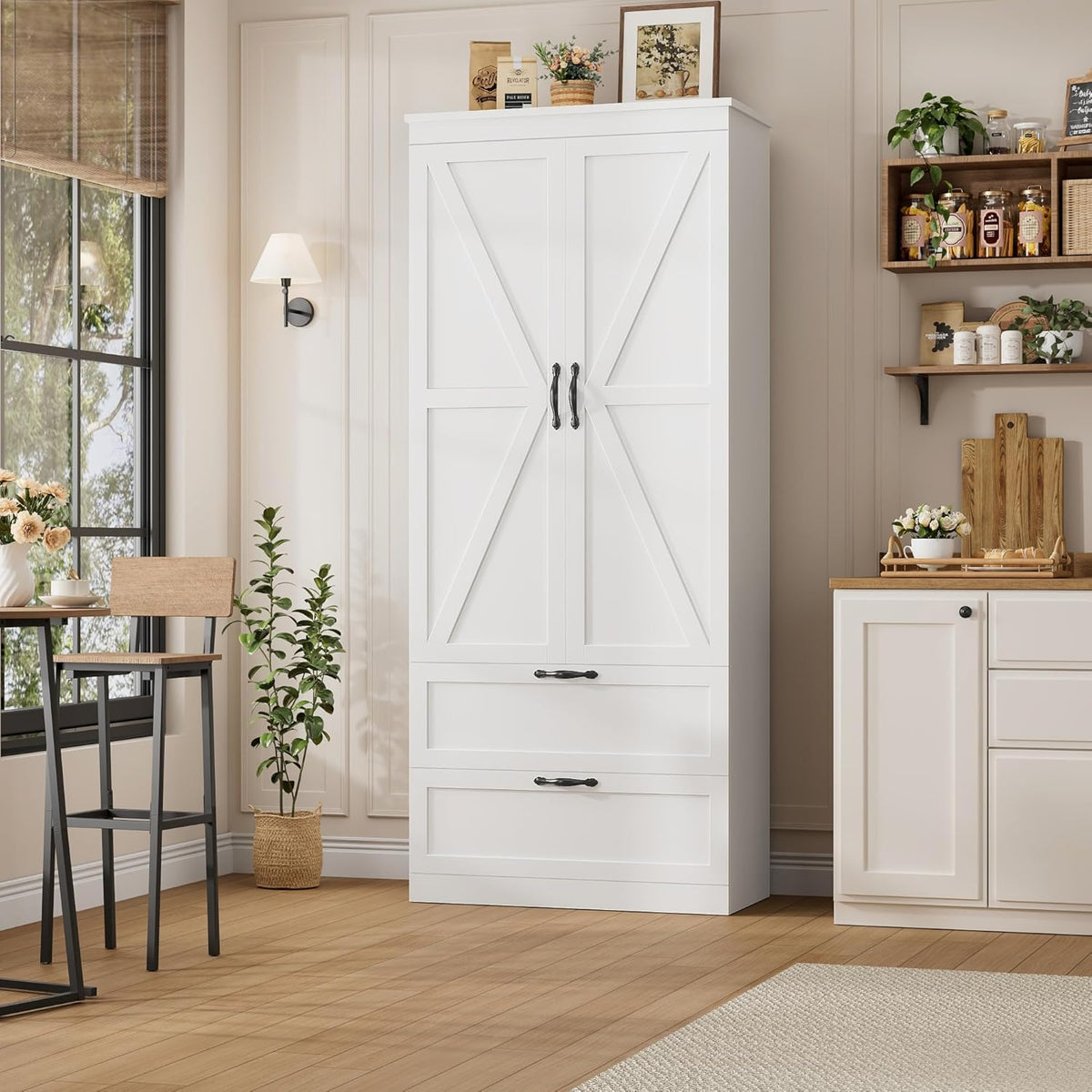 HOSTACK 70" Kitchen Pantry Storage Cabinet, Farmhouse Pantry Cabinet, White | Large Food Kitchen Pantry with 2 Wide Drawers & Adjustable Shelf, Tall Snack Cabinet with Doors, Dining Room, Living Room