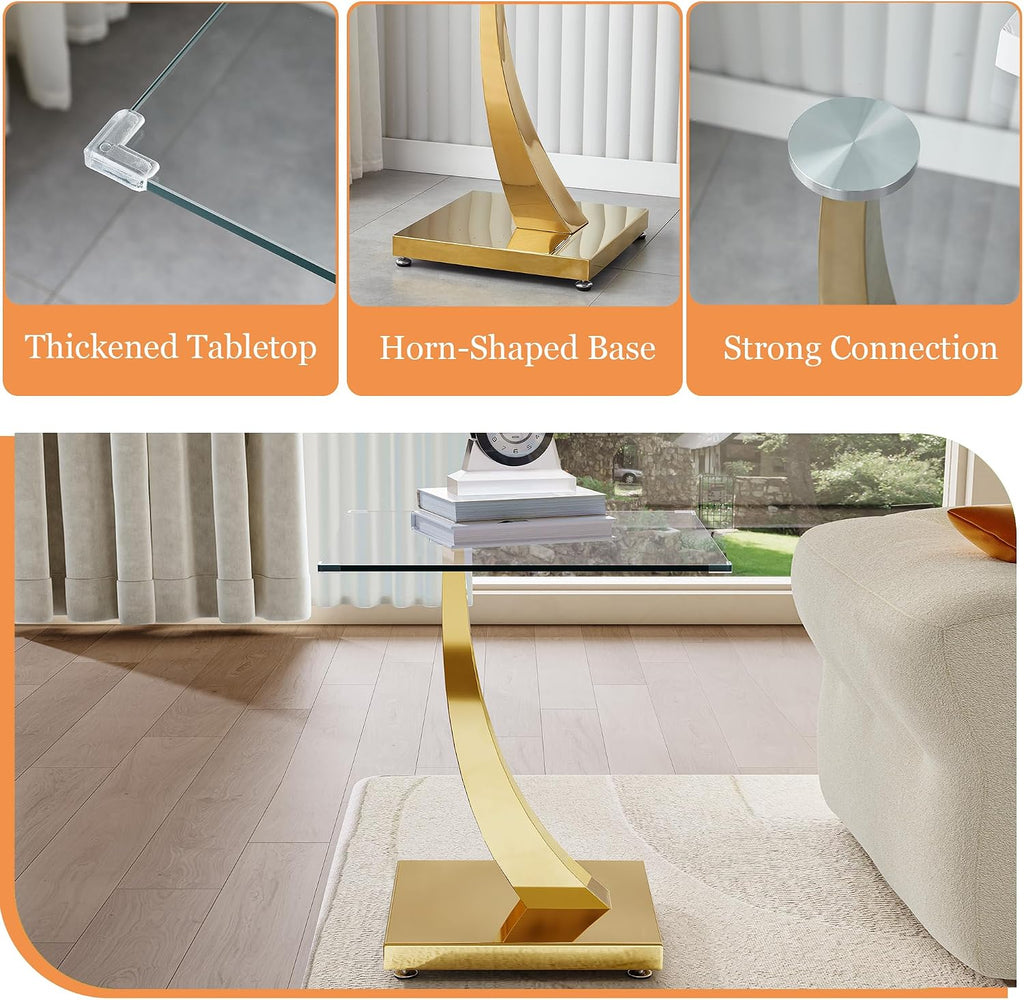 23" Glass End Table, Modern Square Side Table with Tempered Glass Top and Gold Horn-Shaped Stainless Steel Base for Apartment, Office