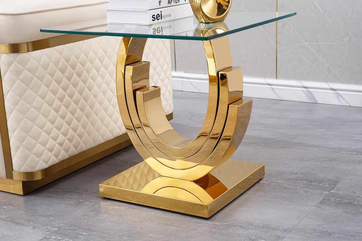Square Glass End Table, Modern 22.8" Square Glass Side Table Tea Table with Stainless Steel Base and Clear Glass Top for Living Room Office