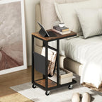 Tangkula Mobile C Shaped Side Table, 2 Tier Sofa Couch Table with Canvas Storage Pouch, Industrial End Table with Metal Frame & 360° Rolling Casters for Living Room, Bedroom