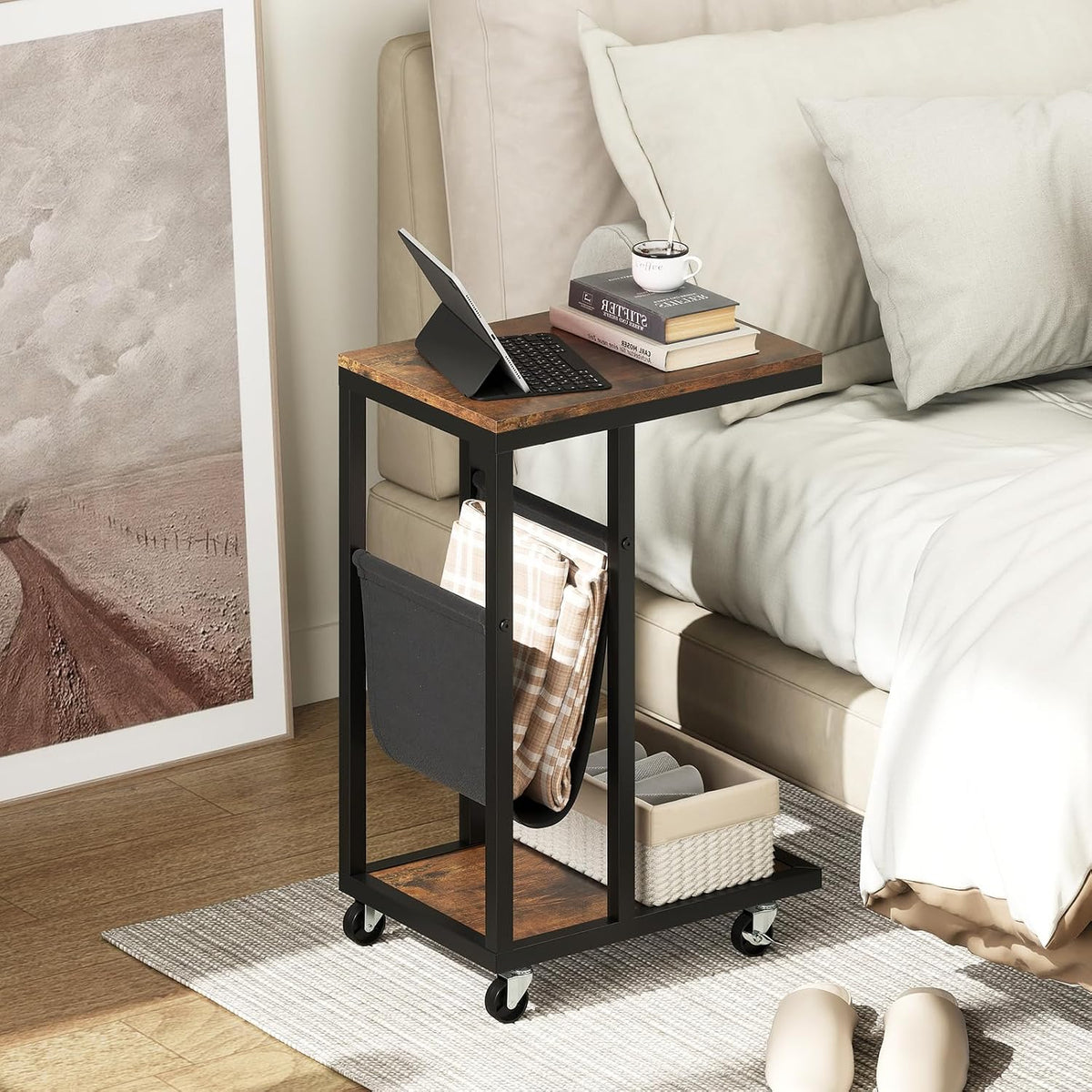 Tangkula Mobile C Shaped Side Table, 2 Tier Sofa Couch Table with Canvas Storage Pouch, Industrial End Table with Metal Frame & 360° Rolling Casters for Living Room, Bedroom