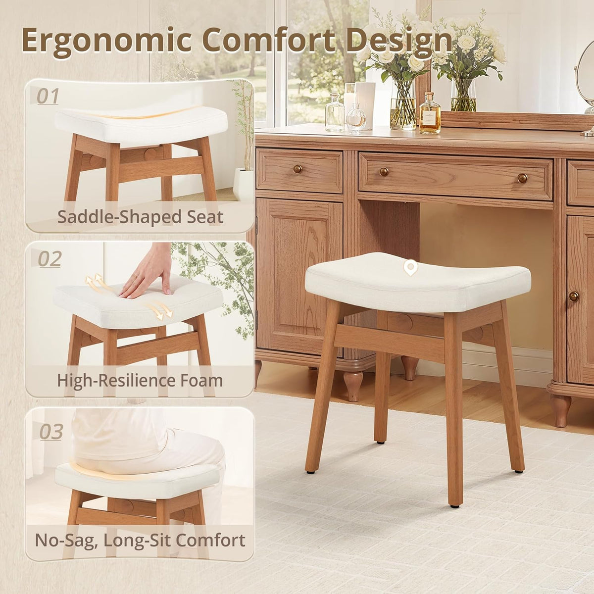 LUE BONA Vanity Saddle Stool with Wood Legs, 17.3" H Compact Makeup Stool with Sick Upholstery, Vanity Bench for Bedroom, Entryway & Bathroom, 300 lb Weight Capacity