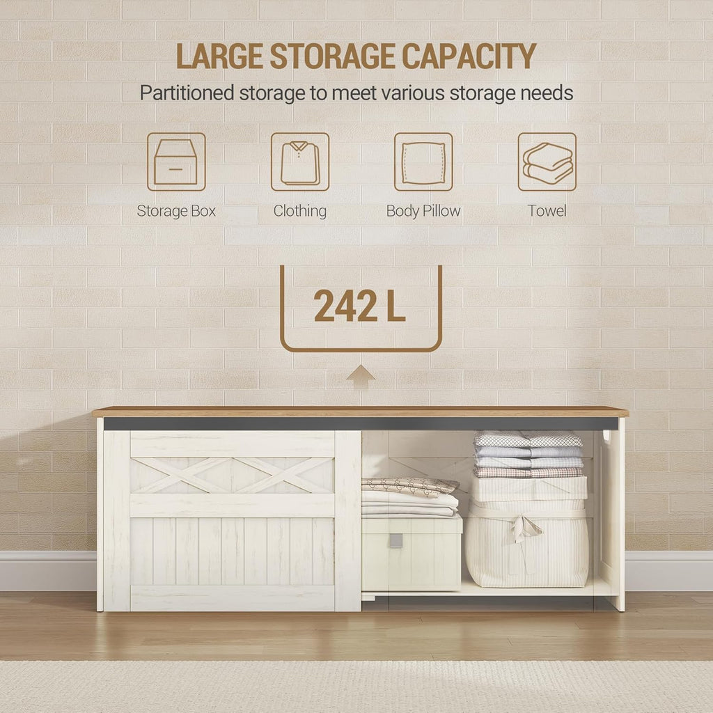 Hzuaneri 47.2" Storage Chest, Large Storage Bench with 2 Hinges, Farmhouse Wooden Box Bench, Lift-Top Organizer Chest, Wooden Bed End Bench, Suitable for Entryway, Bedroom, Retro White SB51214X