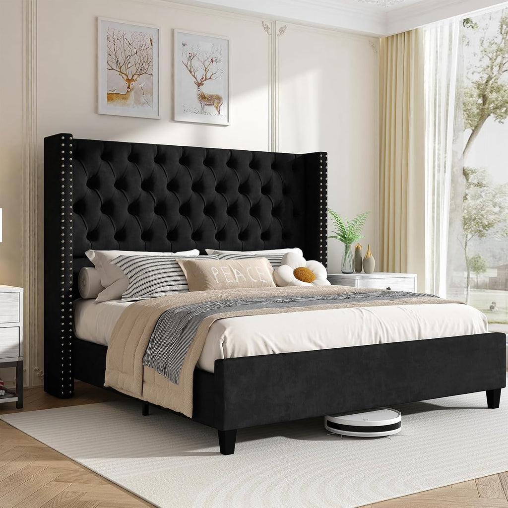 Jocisland King Size Bed Frame with 51.6" Velvet Wingback Headboard, Black