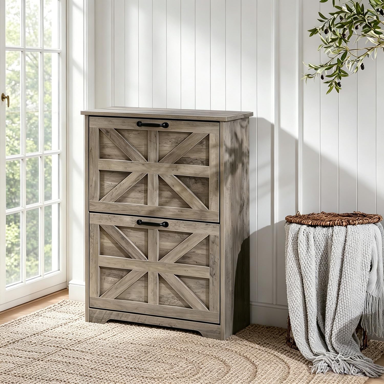 Shoe Cabinet with 2 Flip Drawers, Farmhouse Shoe Storage for Entryway, Wooden Shoe Organizer Cabinet with Adjustable Shelves, Hidden Slim Shoe Cabinet for Hallway, Living Room, Sierra