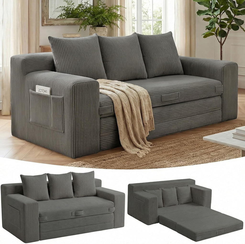 Couch,3 Seater Couch Bed – 3-in-1 Convertible Sleeper Sofa with Side Pockets & Handle,Pull Out Corduroy Futon for Small Space,Living Room & Bedroom, 3 Pillows Included,No Assembly
