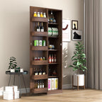 70" Tall Slim Pantry Cabinet with Side Racks & Adjustable Shelves (Walnut) | Space Saving Freestanding Slim Narrow Cabinet Single Door with Shelves & Racks for Kitchen Dining Room Small Spaces