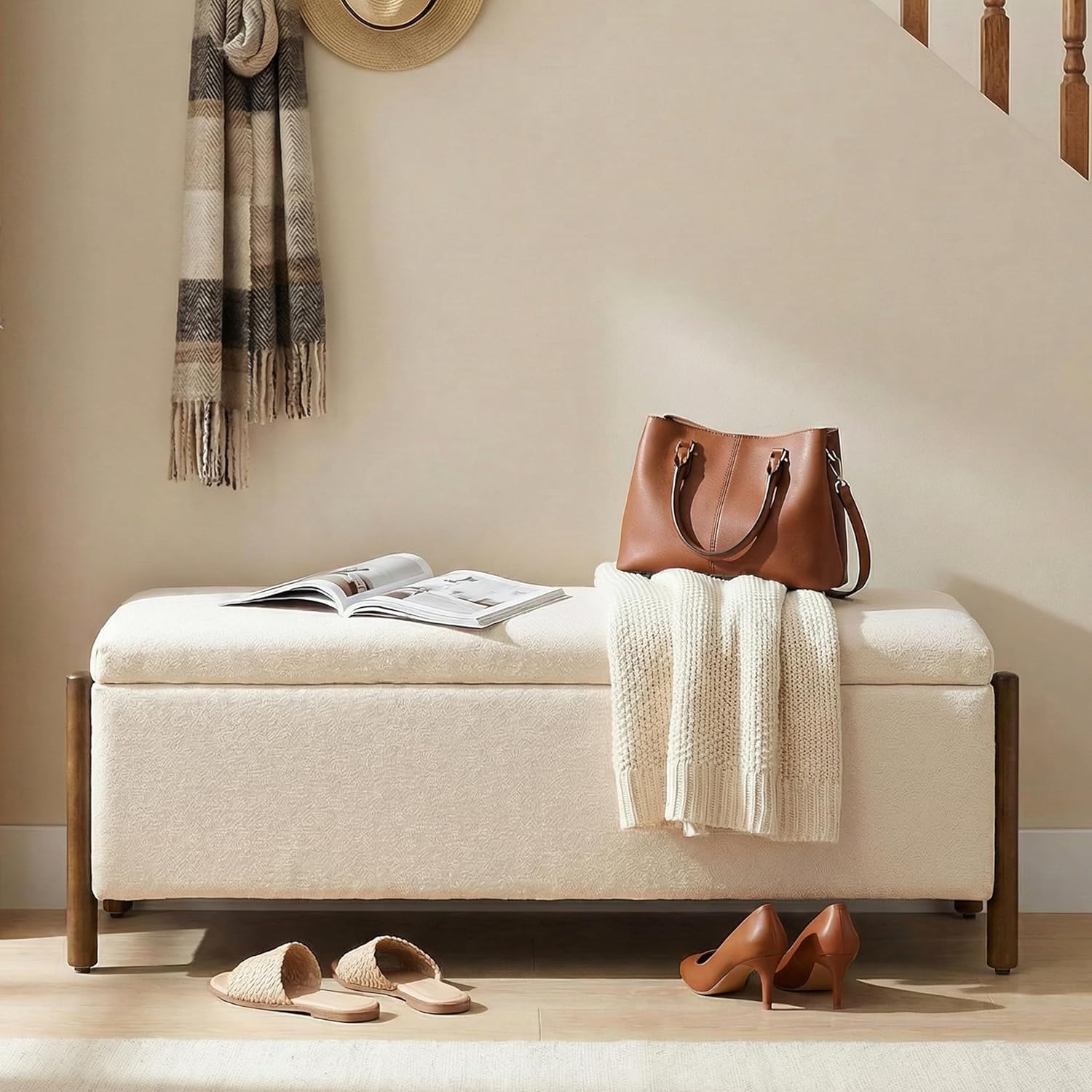 Usaint 47" Fabric Upholstered End of Bed Storage Ottoman Bench, Beige | Entryway Bench with Storage and Rubberwood Legs, 24.5 Gallons Storage Space, Hinged, for Bedroom, Living Room