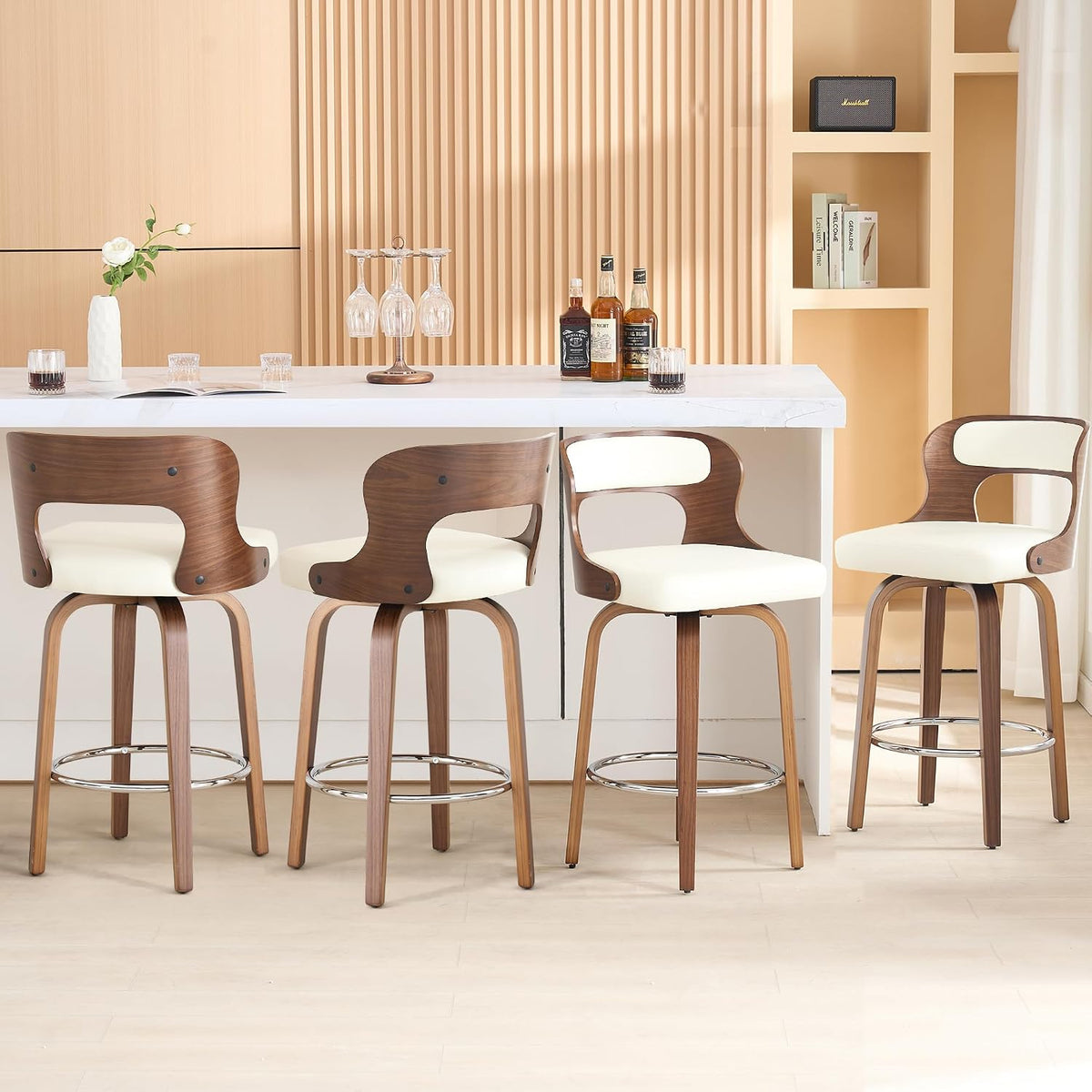 ClinQ 26" Counter Height Barstool Set of 2，Bentwood Leg and Back，White | 360° Swivel Barstool | Faux Leather Upholstered Seating | Ergonomic Backrest | Mid Century Style | Kitchen & Restaurant Use