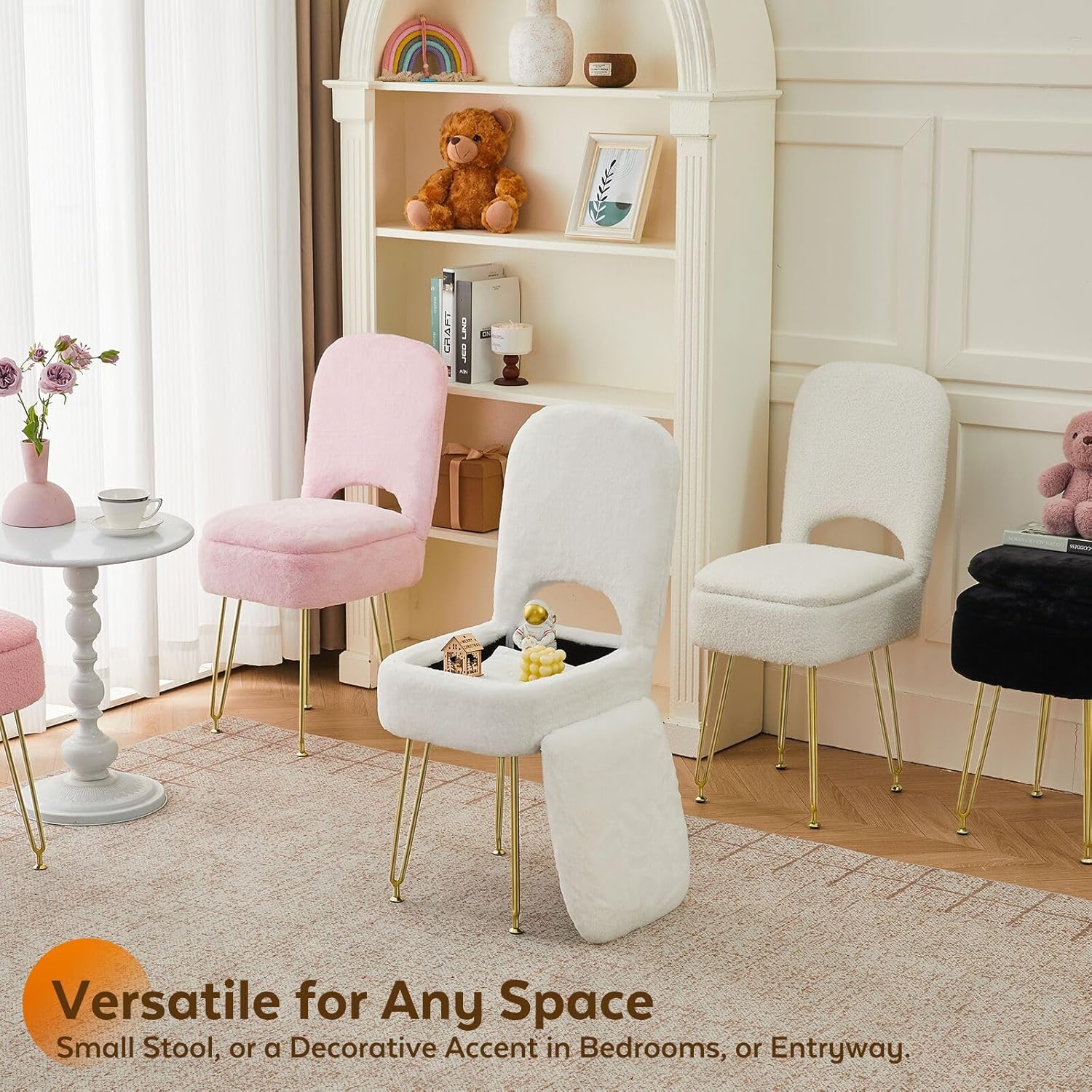 BRIAN & DANY Vanity Chair with Storage and Folding Back, Faux Fur Square Storage Chair, Vanity Stool Chair with 4 Metal Legs for Bedroom, Living Room and Makeup Stations, 13.4"x 15"x 30", White