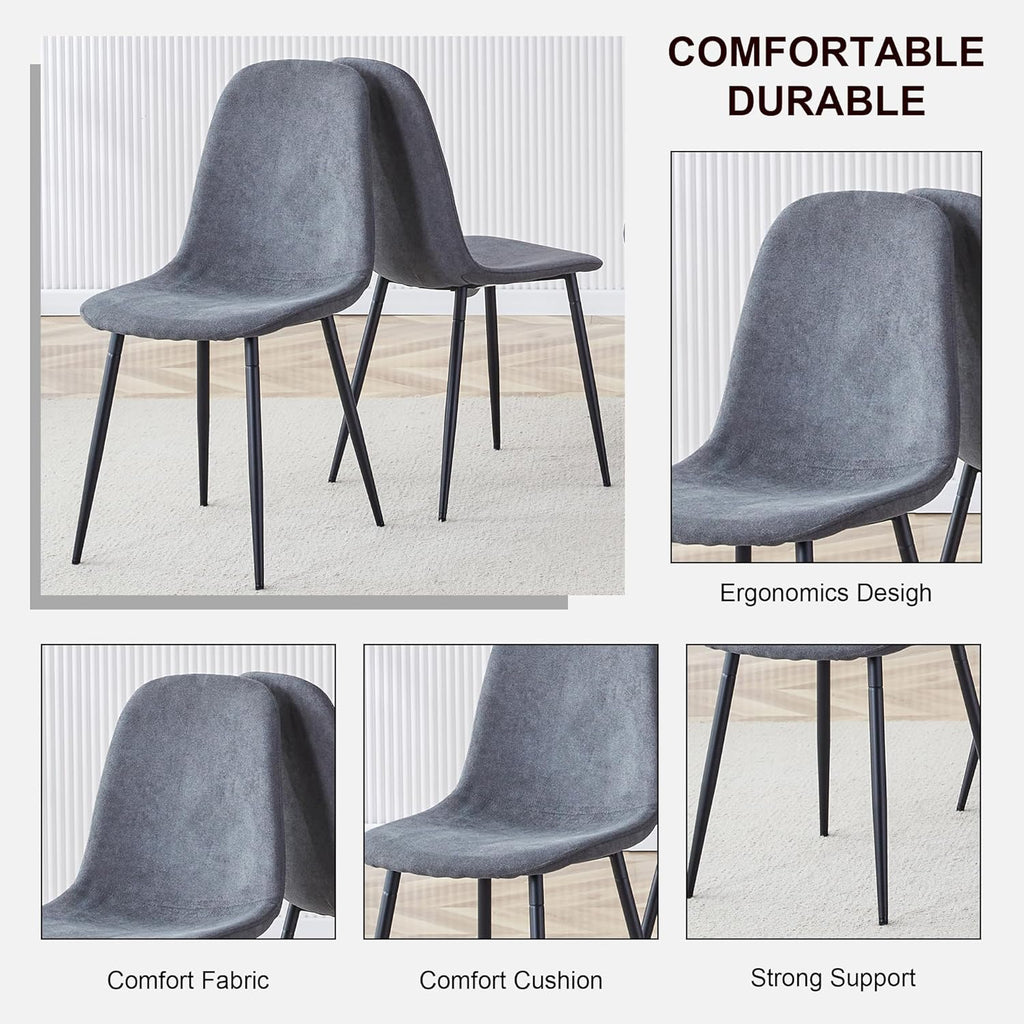 Round Dining Table Set for 6, 43-59" Extendable Dining Room Table Set, Walnut Wood Grain Table and 6 Dark Gray Linen Upholstered Chairs Set, Mid Century Modern Kitchen Table Set with Cross Legs