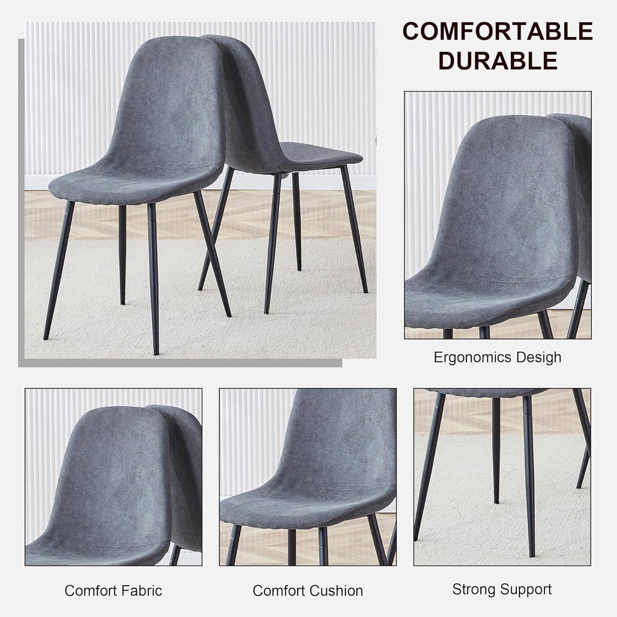 Round Dining Table Set for 6, 43-59" Extendable Dining Room Table Set, Walnut Wood Grain Table and 6 Dark Gray Linen Upholstered Chairs Set, Mid Century Modern Kitchen Table Set with Cross Legs