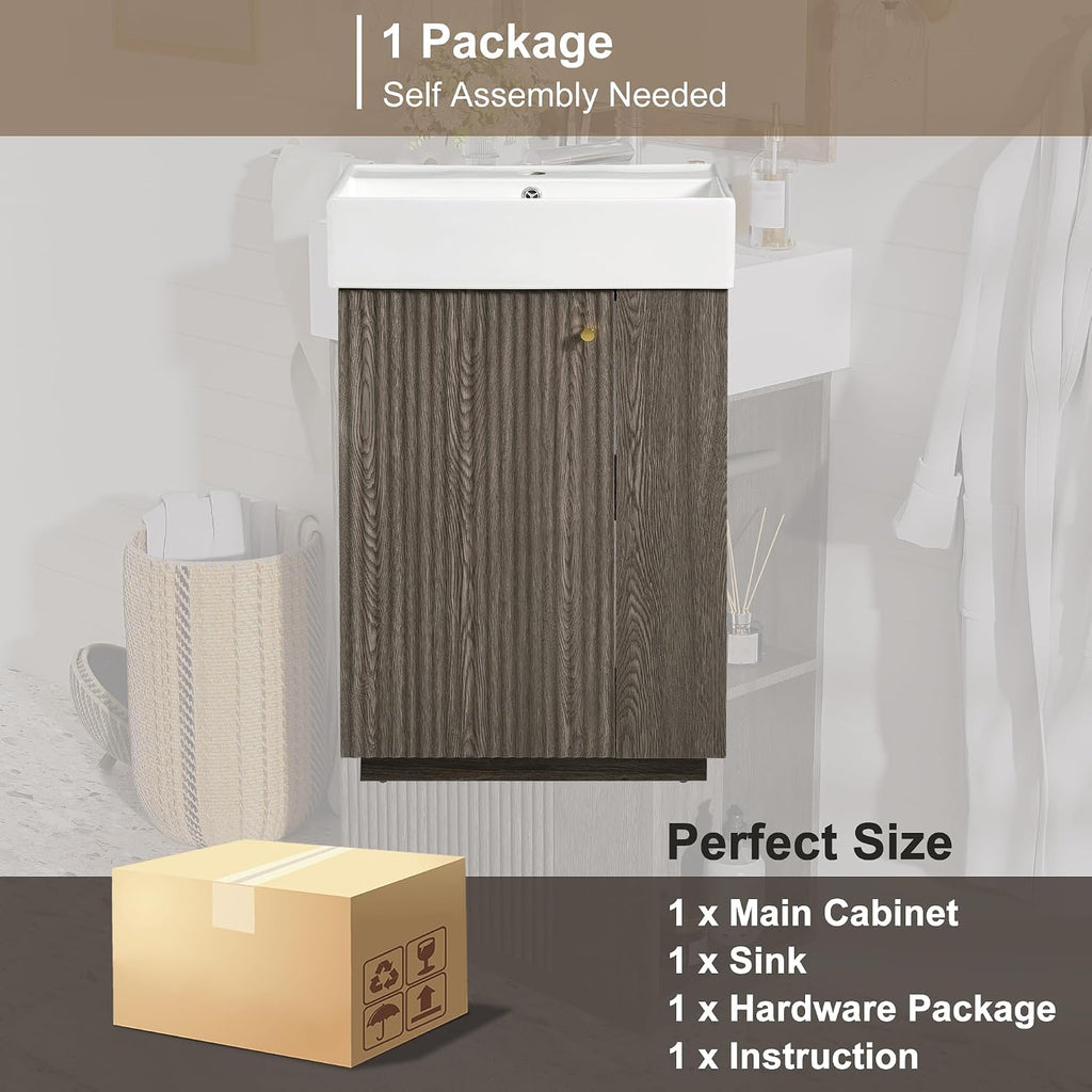 JIVOIT Bathroom Vanity with Ceramic Sink, 21.6" Bathroom Cabinet with Open and Closed Storage, a Tissue Holder, Side Storage, Modern Left Door Wood Grain Cabinet for Small Space