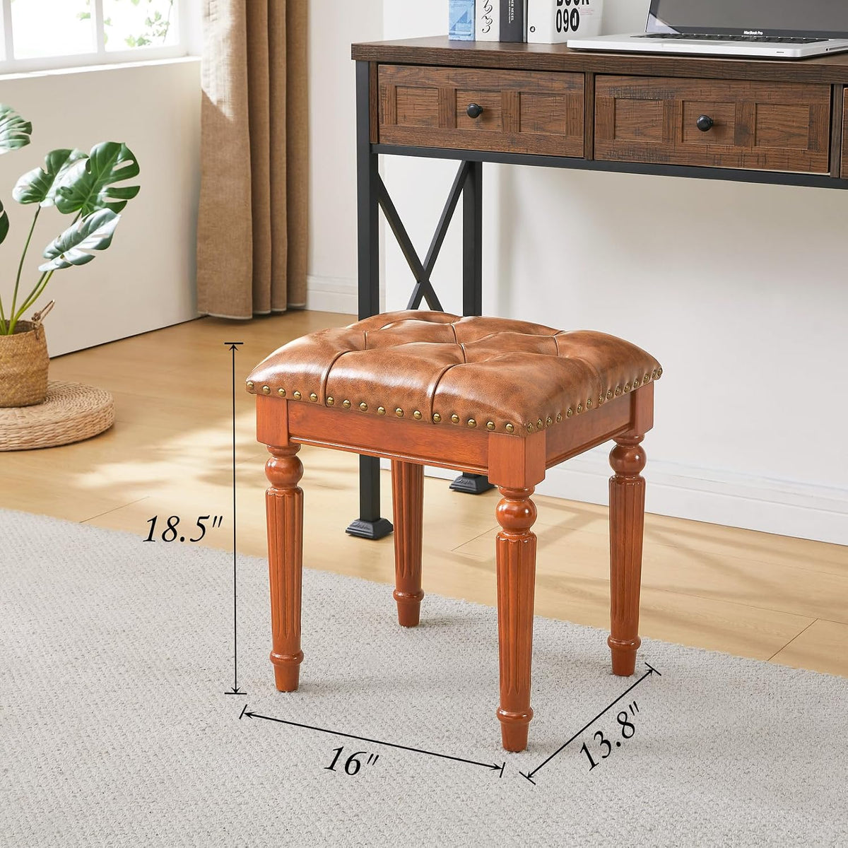 Microfiber Leather Vanity Stool for Makeup,Solid Wood Carvied Vanity Bench Seat,Convertible Piano Stool and Dining Table Chair with Padded Ottoman,Classic Dressing Table Chair for Bedroom