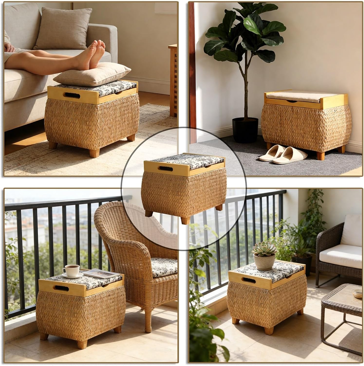 Ottoman with Storage Rattan Woven ，Bench with Padded Seat End of The Bed Entry Bench Footrest Stool for Hallway Living Room(Primary Color,40cm/15.7in)