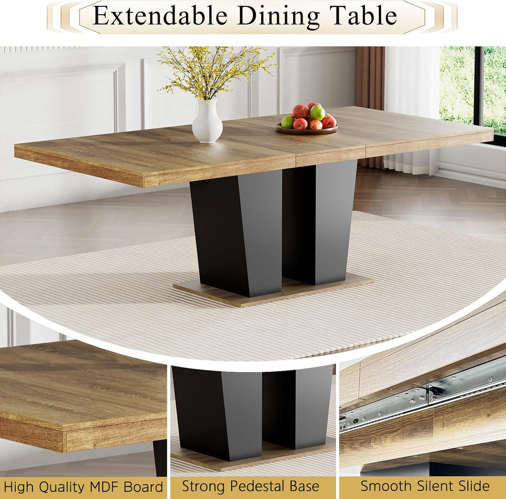 Extendable Dining Table Set for 6-8, 63"-78.7" Farmhosue Kitchen Table Set with 6 Upholstered Chairs, 7-Piece Rectangle Dining Room Table Set with Heavy Duty Pedestal for Small Place Apartment
