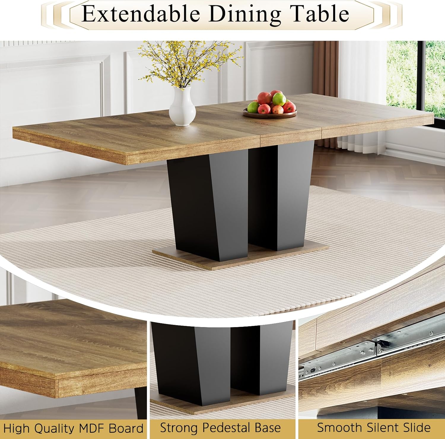 Extendable Dining Table Set for 6-8, 63"-78.7" Farmhosue Kitchen Table Set with 6 Upholstered Chairs, 7-Piece Rectangle Dining Room Table Set with Heavy Duty Pedestal for Small Place Apartment