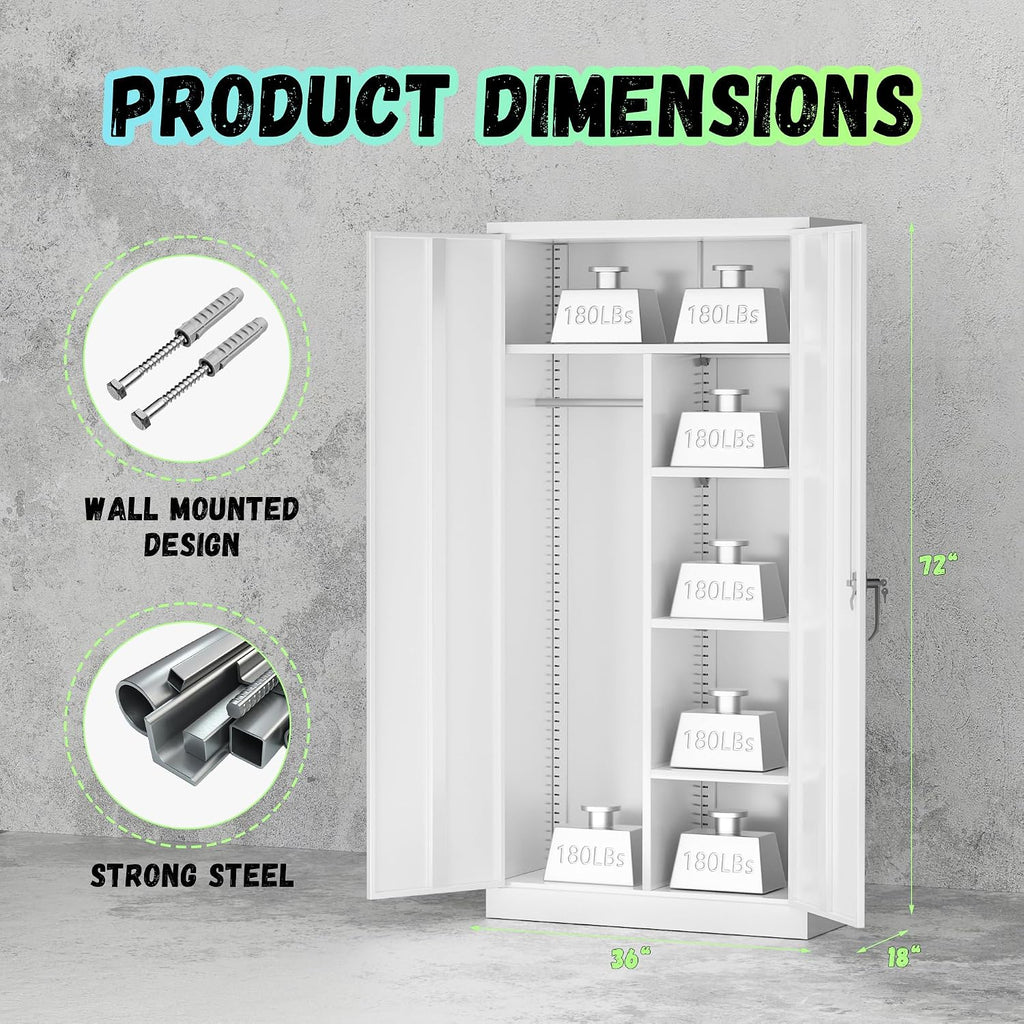 Bonusall Metal Wardrobe Closet, 72" Armoire Wardrobe with Lockable Doors, Split Closet Design, Left for Hanging and Right for Shelves, Armoires for Home Office, Bedroom, Laundry Room(White)