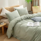 BESTOUCH Duvet Cover Set 100% Washed Cotton Linen Feel Super Soft Comfortable Chic Lightweight 3 PCs Home Bedding Set Solid Sage Green Super Queen