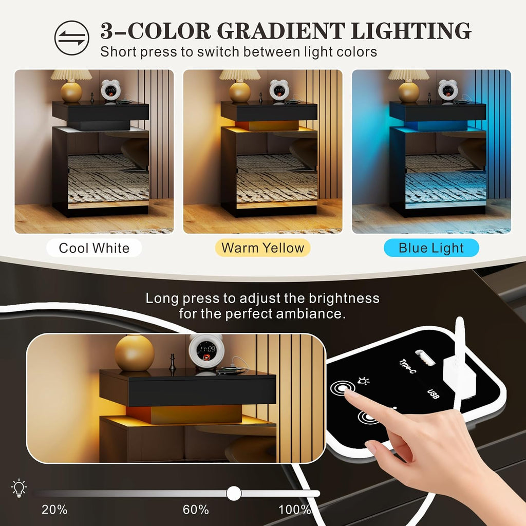 LED Nightstand - Bedside Table with Charging Station and 2 Mirrored Drawers Sliding Top with Magnetic Lock - Modern Night Stand for Bedroom & Living Room - Black