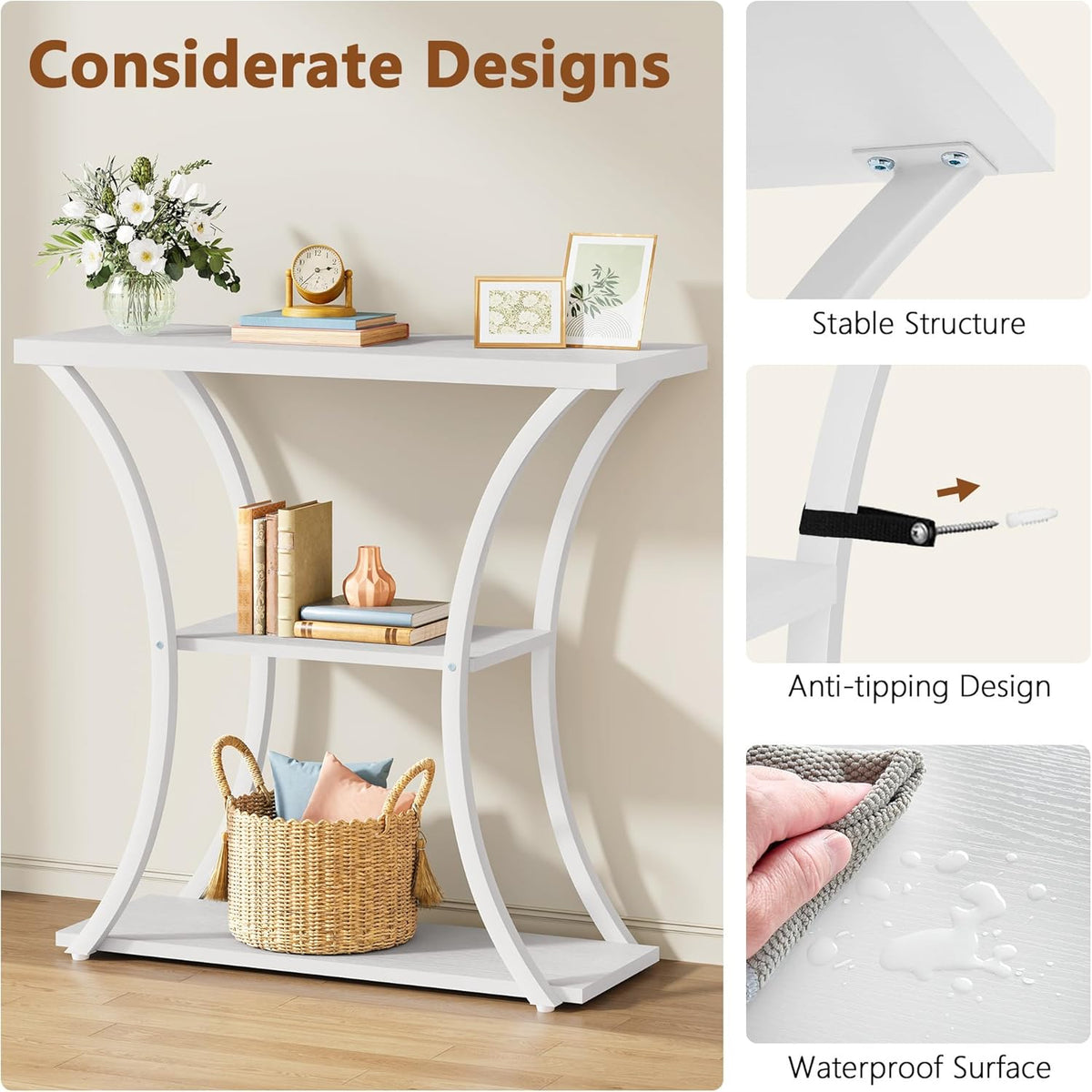 Hoctieon 3 Tier Console Table with Open Wood Shelves, Decorative Entryway Table with Curved Metal Frames, Narrow Sofa Table for Entrance, Living Room, Hallway, White