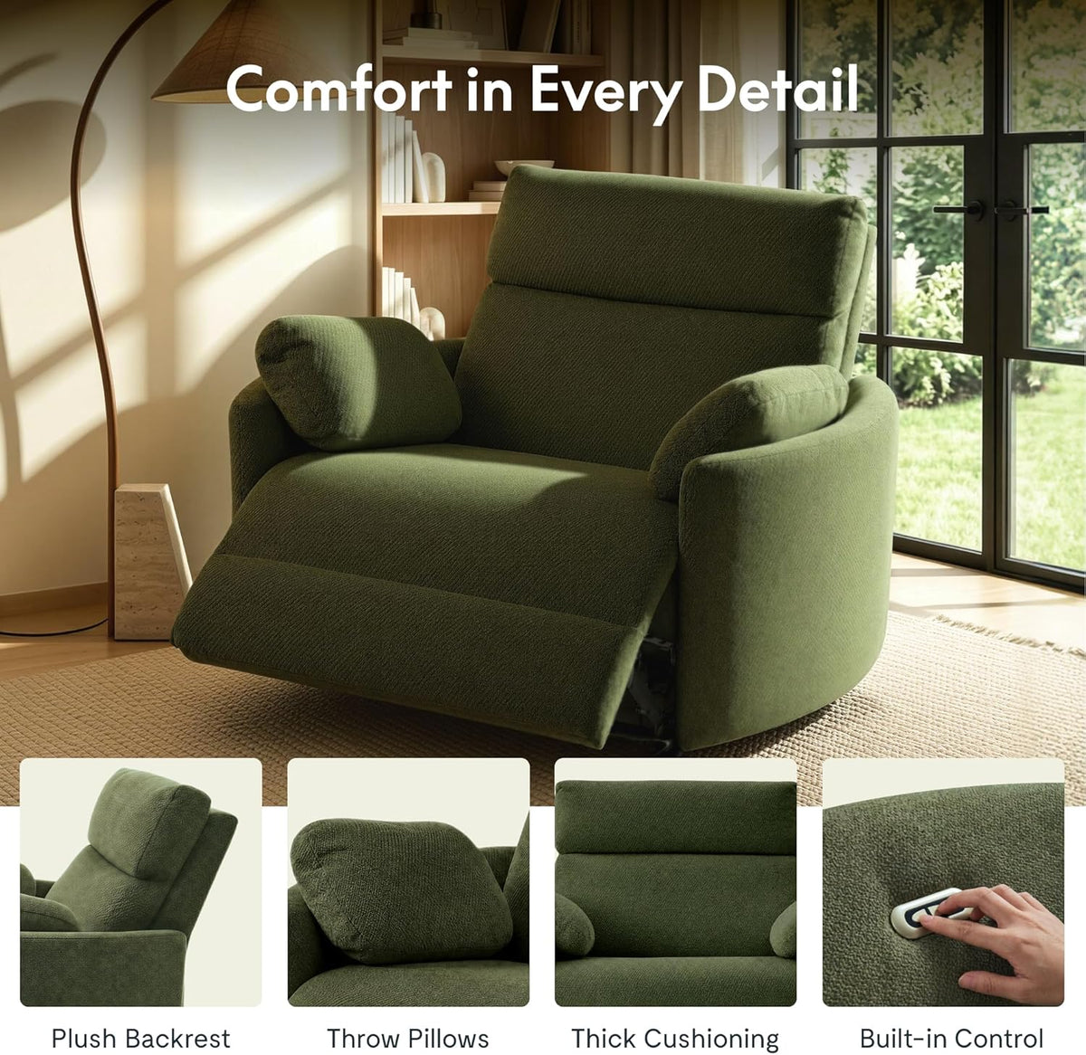 FLEXISPOT Mochi Oversized 54" Power Recliner Chair for Big & Tall, Chenille Fabric Electric Recliner with USB & Type-C Ports, Wide Single Sofa with Pillows for Living Room & Bedroom, Olive Green