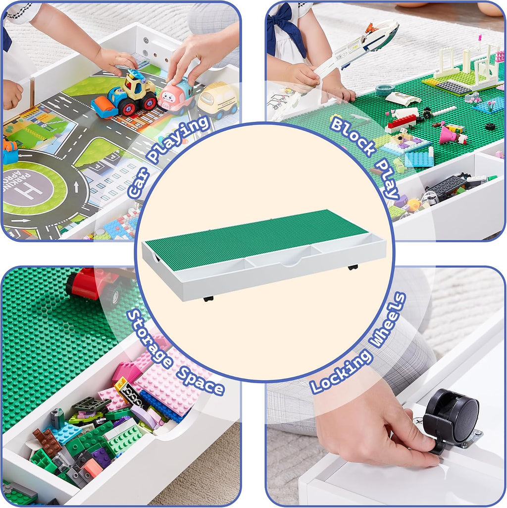 3 in 1 Construction Play Table Compatible with Lego, Game Table with Block Board and Train Car, Rolling Game Table with Locking Wheels and Storage Space, Suitable for Storing Under Bed or Sofa (White)