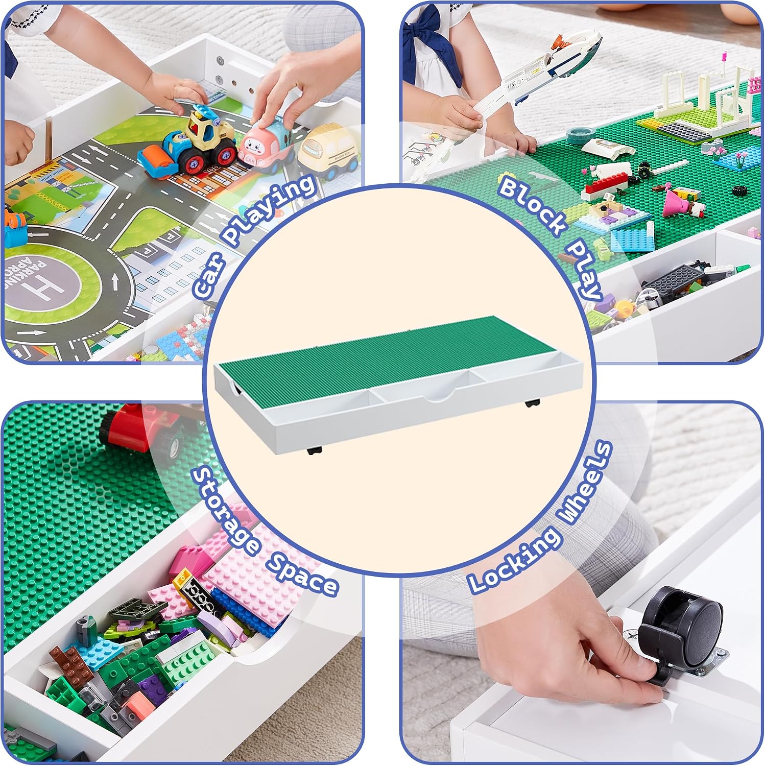 3 in 1 Construction Play Table Compatible with Lego, Game Table with Block Board and Train Car, Rolling Game Table with Locking Wheels and Storage Space, Suitable for Storing Under Bed or Sofa (White)