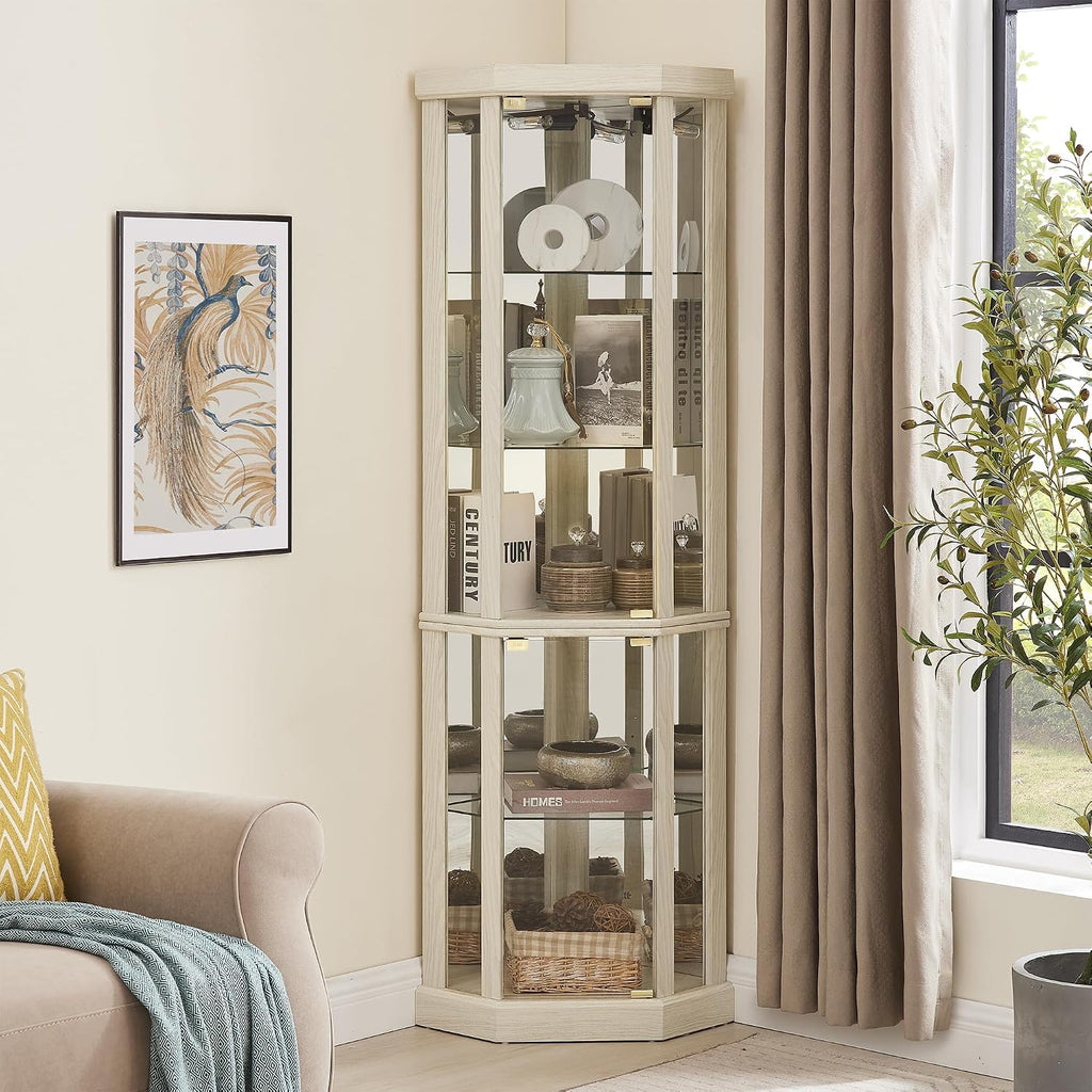 69" H Lighted Curio Cabinet Corner Display Case, Corner Glass Case with Adjustable Shelves and Tempered Glass, Wooden Curio Cabinet w/Mirrored Back Pane for Living Room