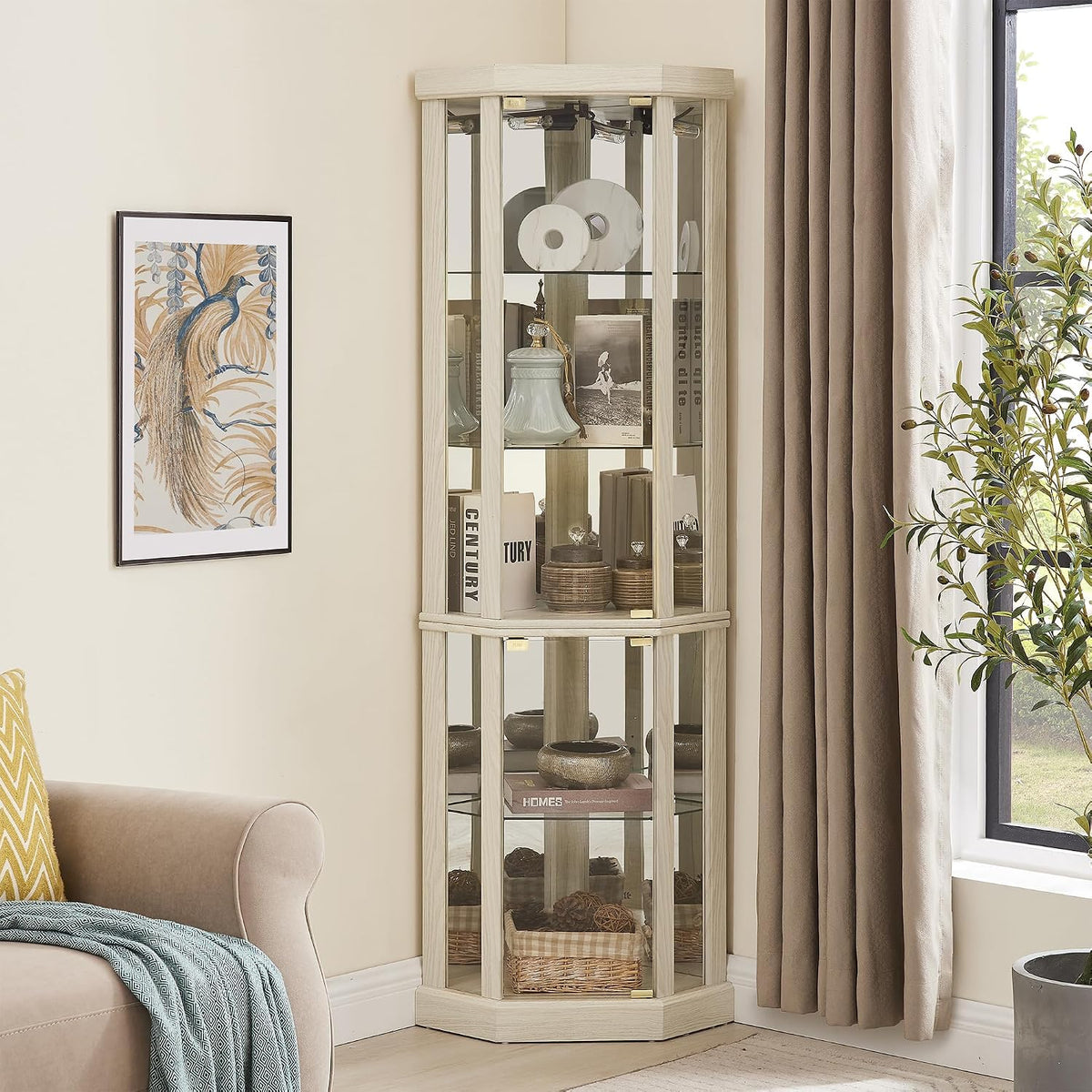 69" H Lighted Curio Cabinet Corner Display Case, Corner Glass Case with Adjustable Shelves and Tempered Glass, Wooden Curio Cabinet w/Mirrored Back Pane for Living Room