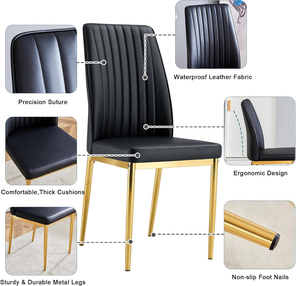 7 Pieces Modern Dining Table Set 63" Black Marble Dining Table Set for Rectangle Dining Room Table and 6 Black PU Leather Chairs for Kitchen, Office, Meeting Room, Restaurant