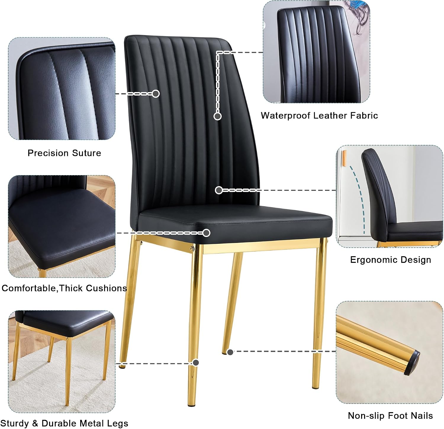 7 Pieces Modern Dining Table Set 63" Black Marble Dining Table Set for Rectangle Dining Room Table and 6 Black PU Leather Chairs for Kitchen, Office, Meeting Room, Restaurant
