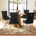 Velvet Dining Chair Set of 2,Upholstered Tufted Dining Room Chair with Nailhead Trim and Stainless Steel Gold Plated Leg for Kitchen,Black