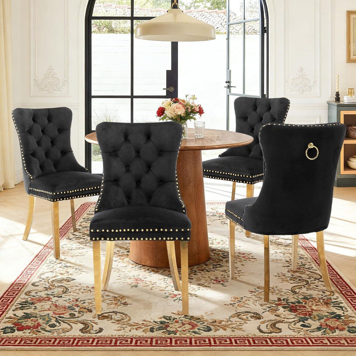 Velvet Dining Chair Set of 2,Upholstered Tufted Dining Room Chair with Nailhead Trim and Stainless Steel Gold Plated Leg for Kitchen,Black