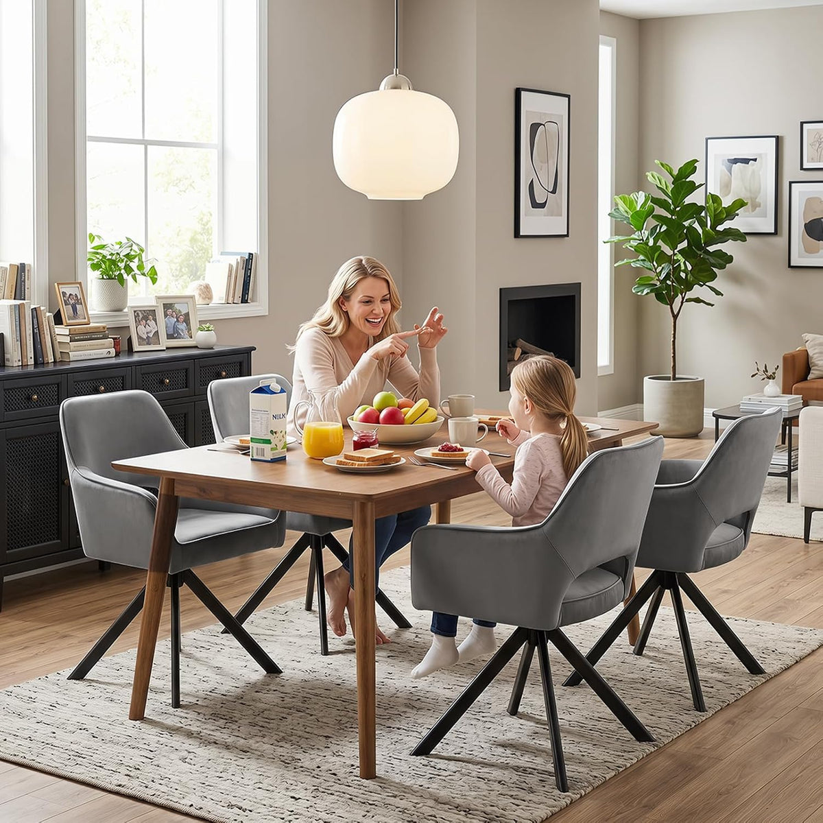 Furniliving Modern Swivel Dining Chairs Set of 2, Upholstered Chenille Dining Room Chairs with Thicken Cushion, 360° Rotating Kitchen Chairs with Metal Legs for Dining Room