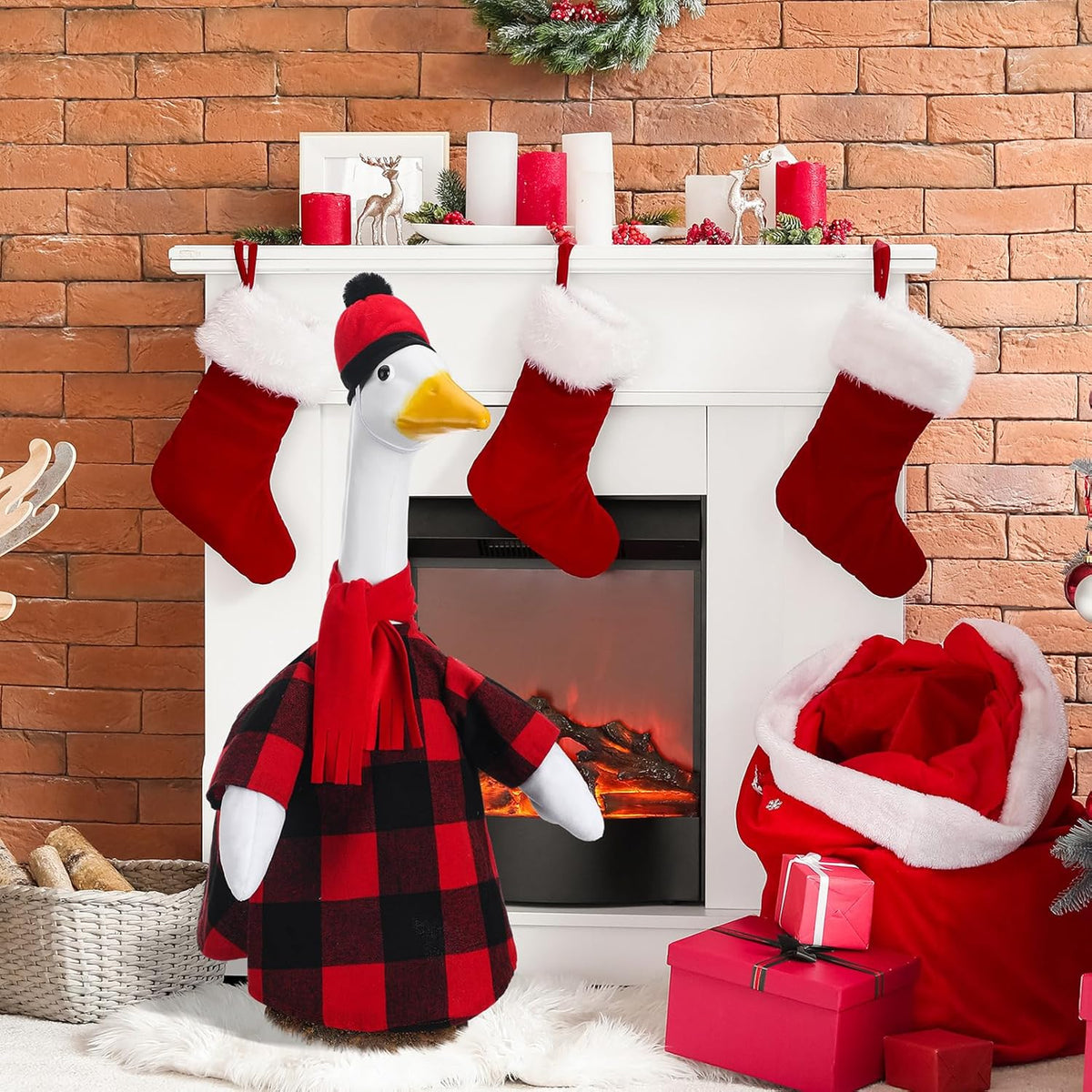 Christmas Red and Black Buffalo Plaid Goose Outfit Clothes for 23" High Cement or Plastic Goose Lawn Clothing Porch Garden Costume for Yard Outdoor Patio Statue Xmas Holiday Decor