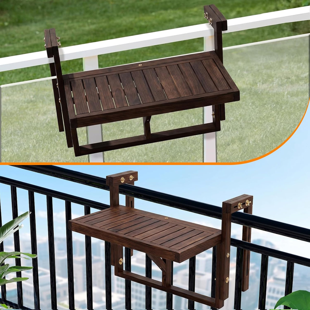 VINGLI 22in Acacia Wood Folding Balcony Hanging Table – Adjustable Height & Width, Balcony Railing Table Ideal for Different Railing Widths, Perfect for Balcony, Patio, Rectangular,Carbonized Color